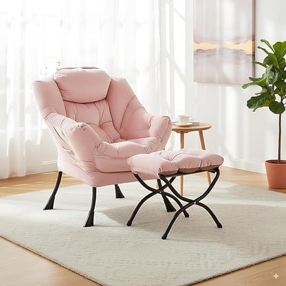 LITA Lazy Chair with Ottoman, Modern Accent Leisure Upholstered Sofa Chair, Contemporary Lounge Reading Chairs with Armrests and a Side Pocket for Living Room, Bedroom & Small Space, Pink