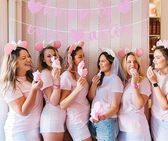 Pre-Strung Happily Ever After Banner - Pink Glitter Bachelorette Bridal Engagement Party Decoration Supplies, Bachelorette Wedding Party Banner for Engagement, Bridal Shower, Wedding Party Photo Booth Props