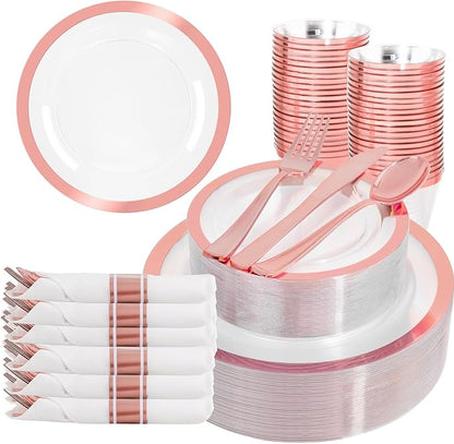 Liacere 350PCS Rose Gold Plastic Plates - Clear with Rose Gold Rim for 50Guests Dinnerware - Include 100 Plates disposable 150 PCS Silverware 50 Napkins for Wedding ＆ Party & Valentine’s Day