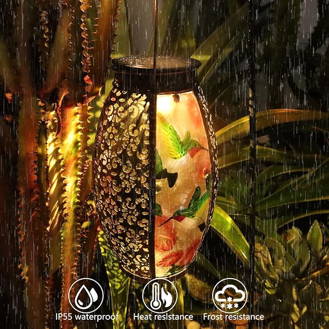 Solar Lanterns Outdoor Light Waterproof Hummingbird Garden Glass Decor Light Gifts for Women Mom Grandma Hanging Solar Decoration Lights Metal Outside for Yard, Backyard, Patio