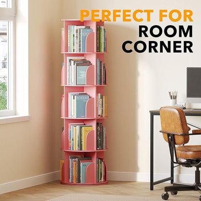 SpaceAid 5 Tier Rotating Bookshelf Tower, Spinning Bookcase Lazy Susan, Revolving 360 Book Shelf Storage Round Carousel, Vertical Rotate Turning Spiral Corner Organizer, Pink