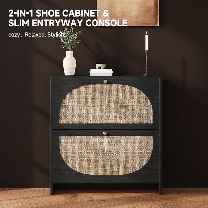 Nicetree Rattan Arched Accent Shoe Cabinet - Freestanding Ultra Slim for Entryway, 2 Flip Drawers & 3-Tier Adjustable Shelves, Farmhouse Modern Rustic Shoe Rack for Hallway Foyer, Black