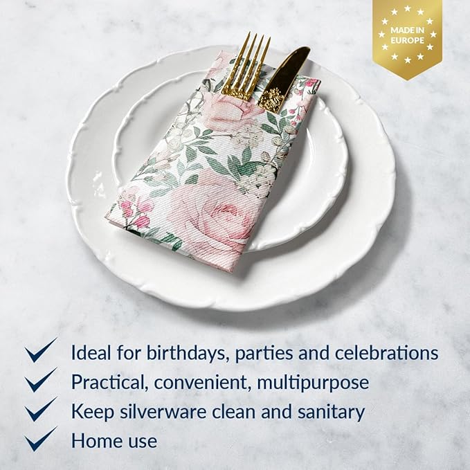 PAW - Linen Feel Napkins with Built-in Flatware Pocket, Airlaid Paper Pre-Folded Napkins for Silverware, Wedding Party, Dinner, Birthday, Gatherings, Floral Roses Design, 50 Count