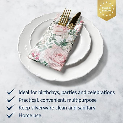 PAW - Linen Feel Napkins with Built-in Flatware Pocket, Airlaid Paper Pre-Folded Napkins for Silverware, Wedding Party, Dinner, Birthday, Gatherings, Floral Roses Design, 50 Count