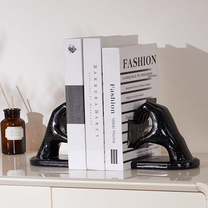 Black Bookends, Heavy Duty Bookend Holder Decor, Finger Heart Shaped, Modern Art Sculpture, Bookends Decorative, Boho Decor for Desktop Bedroom Study Room(Black)