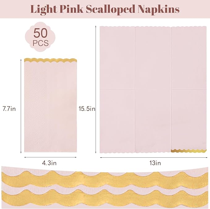 50 Pink Paper Napkins Decorative, Gold Foil Scalloped Edged Guest Napkins Disposable, Dinner Napkins for Wedding, Shower Baby, Birthday Parties Supplies(4 x 8 In, Pink)
