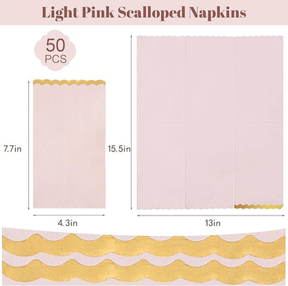 50 Pink Paper Napkins Decorative, Gold Foil Scalloped Edged Guest Napkins Disposable, Dinner Napkins for Wedding, Shower Baby, Birthday Parties Supplies(4 x 8 In, Pink)