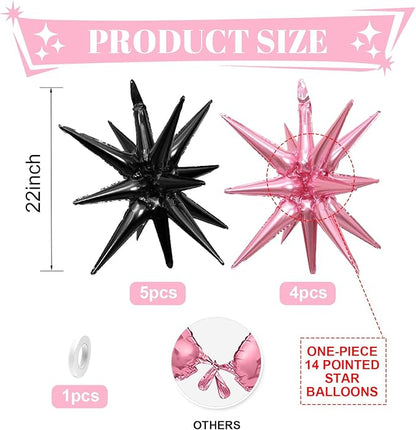 Pink Black Star Balloons,9Pcs 22Inch Black and Pink Explosion Spike Cone Helium Polyester Film Star Foil Balloons for Birthday Anniversary Baby Shower Disco Party Decorations