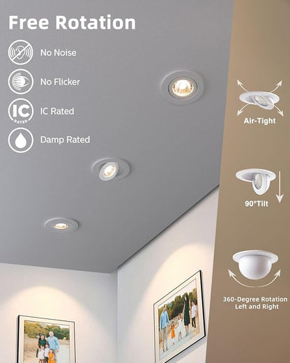 zouzai Classic 4 inch 5CCT Gimbal LED Recessed Light, 360°+90° Adjustable Directional Retrofit Eyeball Can Light with J-Box, Dimmable 2700K/3000K/3500K/4000K/5000K, ETL Certified (White, 12 Pack)