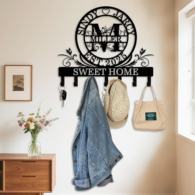 Custom Key Holder for Wall, Personalized Key Rack Wall Mount with Monogram Design, Key Rack Holder Wall Mount for Living Room Bedroom, Housewarming Wedding Gift (02-Monogram)