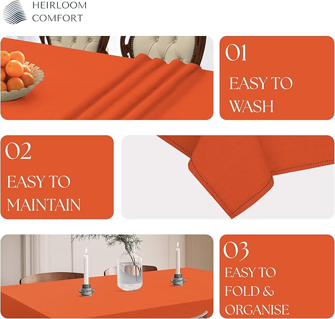 Orange Cotton Tablecloth, Table Cloth 52x70 Inch, Fits 4-6 Seats, Durable, Washable, Wrinkle Resistant, Rectangle Table Cover for Dining, Thanksgiving, Fall Gatherings, Rustic Decor