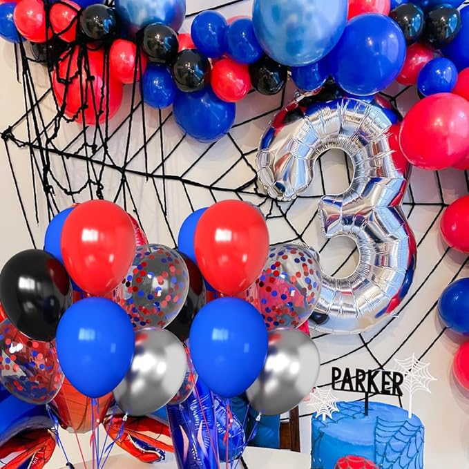 50pcs 12 Inch Black Red and Blue Balloons, Red Blue Silver Balloons Red Blue Balloon Black Red Blue Confetti Silver Latex Balloons for Birthday Baby Shower Graduation Party Decorations