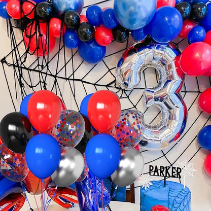 50pcs 12 Inch Black Red and Blue Balloons, Red Blue Silver Balloons Red Blue Balloon Black Red Blue Confetti Silver Latex Balloons for Birthday Baby Shower Graduation Party Decorations