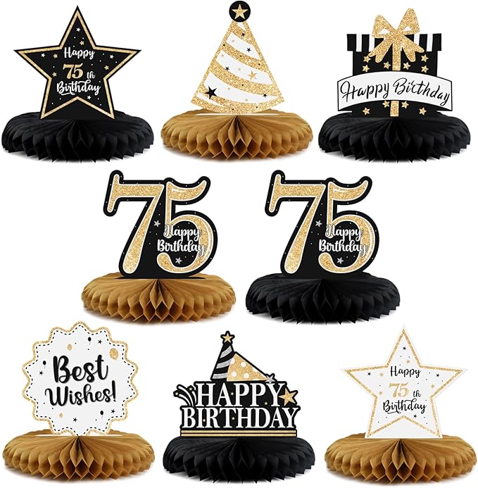Happy 75th Birthday Decorations,75th Bday Gold Glitter Shiny Stand Honeycomb Table Centerpieces - Cheers to 75 Years Old Birthday Party Photoprop Gift Sign.
