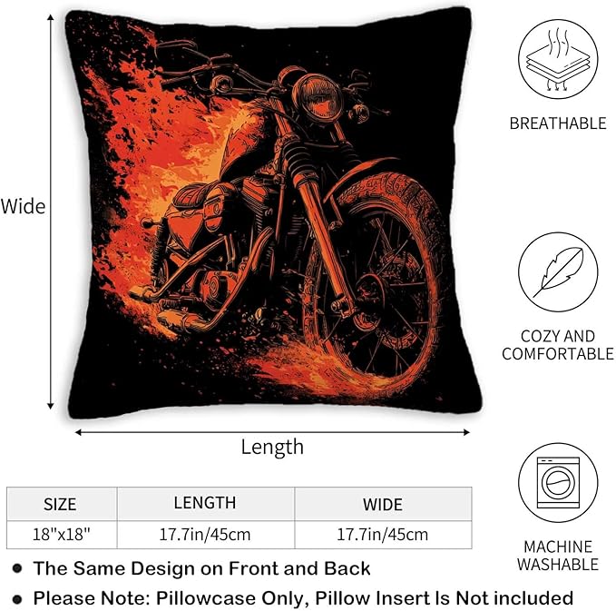 Motorcycle Throw Pillow Covers Set of 2 | 18x18 Inches Cushion Cases for Couch, Sofa, Bedroom and Living Room | Biker Home Decor Pillowcases for All Seasons