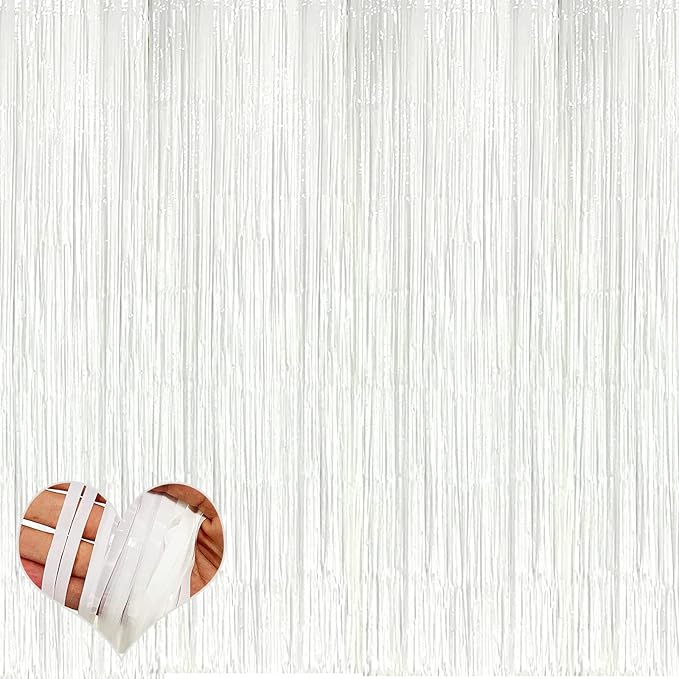 4 Pack White Fringe Curtain Backdrop, 3.2Ft x 8.2Ft Metallic Tinsel Foil Fringe Streamers Background for Photo Booth Birthday Wedding Baby Shower Carnival Easter Mother’s Day Party Decorations
