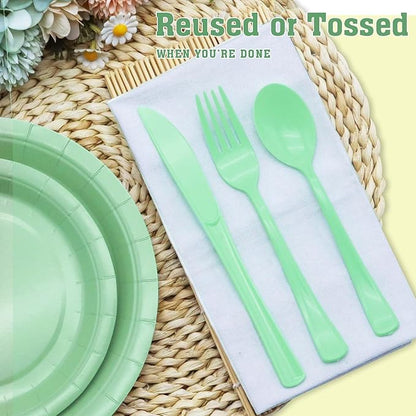 150 PCS Sage Green Plastic Silverware Heavy Duty Mint Green Utensil Sets Include 50 Disposable Plastic Forks, 50 Knives, 50 Spoons for Birthday, Baby Shower, Picnic, Spring Party, Wedding