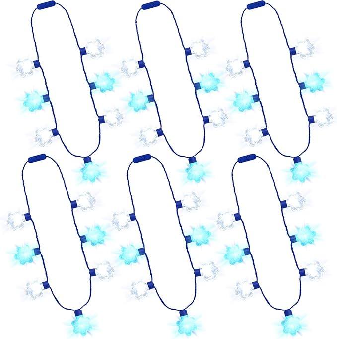6PCS Christmas Light Up Necklaces, 3 Light Modes with 7 LED Bulbs, Blue White Snowflakes Design Christmas Accessories, Wearable Decor for Ugly Sweater Party Supplies Xmas Party Favors