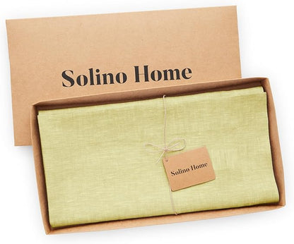 Solino Home Linen Tablecloth 52 x 52 Inch - 100% Pure Linen Square Table Throw - Athena, Machine Washable Chambray Yellow Tablecloth
