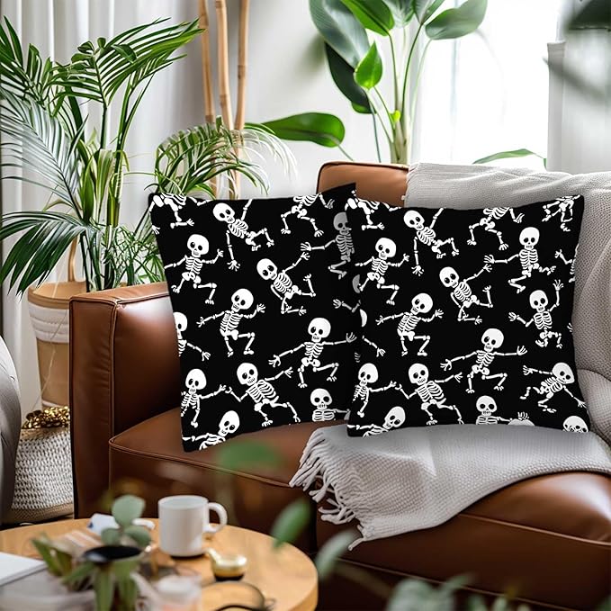 Skeleton Throw Pillow Cover 18x18 Set of 2, Halloween Skull Cushion Case for Couch, Sofa, Bed and Living Room, Zipper Closure Pillow Cases, Home Decor for All Seasons
