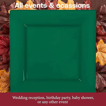 Smarty Had A Party Disposable Plastic Dinnerware, 6.5" Heavy Duty Square Hunter Green Plates for Cakes and Parties, Bulk Supplies for All Occasions (120 Count)