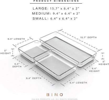BINO | 3-Piece Drawer Organizer Bin Set - Grey, Large | THE MODULAR+ | Multi-Purpose Storage | Soft-Grip Lining and Non-Slip Rubber Feet | Durable | BPA-Free | Desk Drawer Organizer | Vanity Organizer