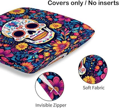 Sugar Skull Pillow Covers 18x18 Set of 2, Day of The Dead Halloween Cushion Cases for Sofa, Couch, Bed and Living Room, Home Decoration for Spring, Summer, Autumn and Winter