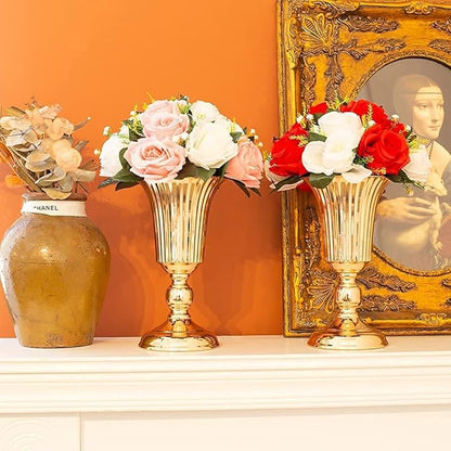10Pcs Gold Vase Centerpiece Table Decorations - Metal Tabletop Flower Stand, Wedding Decorations for Reception, 10.7in Trumpet Tall Flower Vase for Birthday, Weddings, Anniversary Ceremony, Home Decor