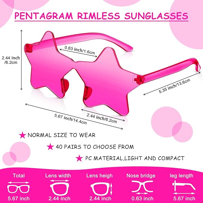 Cindeer 40 Pairs Rimless Star Shape Sunglasses Colorful Transparent Sunglasses Pentagram Glasses for Party