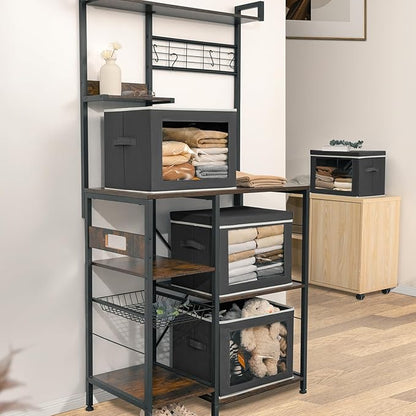 Stackable Storage Bins with Lids - Large Storage Box with Lids, Foldable Closet Boxes for Organizing, Wardrobe Clothes Organizer with Window, Cubes Bins for Living Room, 4 Pack, Dark Grey