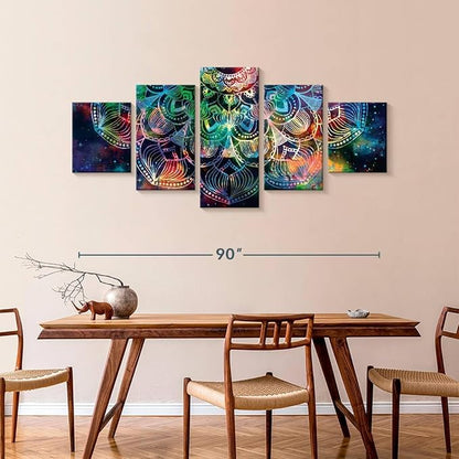 ElephantStock - Celestial Mandala Wall Art - Horizontal Multi Panel Canvas - 5 Piece Living Room Wall Decor - Digital Art Elements Multi Piece Wall Art - Turquoise And Blue Decor - 92" x 42"