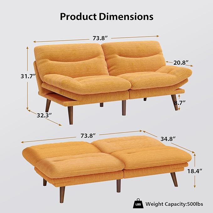 Pipishell Futon Sofa Bed, 66 Inch Corduroy Futon Couch Convertible with Adjustable Backrest and Armrests, Recliner Sleeper Sofa for Small Spaces, Living Room, Office, Guest Room (Yellow, 66 Inch) | Adjustable