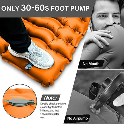 Camping Sleeping Pad, Ultralight Camping Mat with Pillow Built-in Foot Pump & Pillow, Upgraded Compact Camping Air Mattress for Tent, Backpacking-Orange