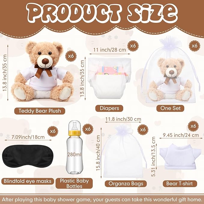 Soulchen 6 Set Bear Blindfolded Diaper Changing Baby Shower Games 14 Inch Bear Plushes with Dolls Diapers Bottles Shirts for Gender Reveal Bridal Shower Game Prize Gift Guest Adult(Khaki)