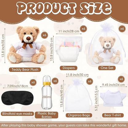 Soulchen 6 Set Bear Blindfolded Diaper Changing Baby Shower Games 14 Inch Bear Plushes with Dolls Diapers Bottles Shirts for Gender Reveal Bridal Shower Game Prize Gift Guest Adult(Khaki)