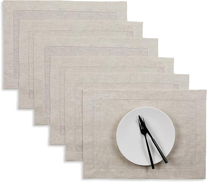 Solino Home Linen Cloth Placemats Set of 6-100% Pure Linen Hemstitch Light Natural Placemats 14 x 19 Inch - Classic Hemstitch Table Place Mats for Fall, Autumn, Christmas, Holiday, New Year