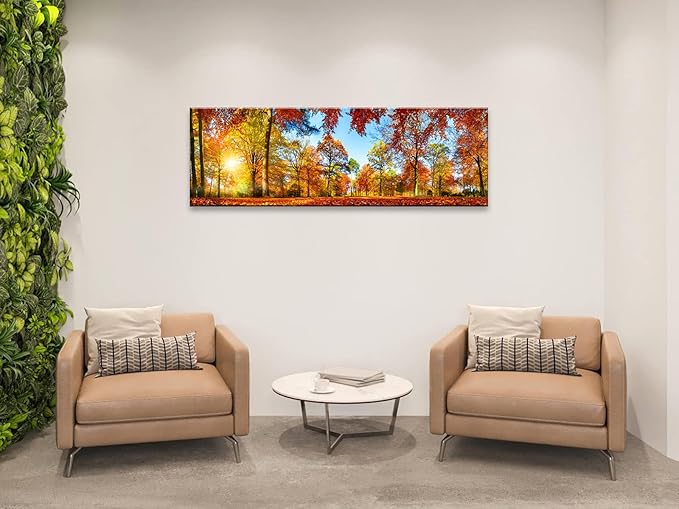 Pyradecor Large Autumn Sunset Forest Canvas Prints Wall Art Golden Nature Landscape Artwork Pictures Paintings for Living Room Bedroom Home Decorations