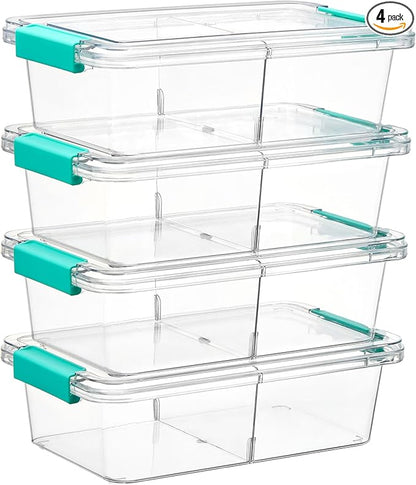 Vtopmart 4 Pack 1.5Qt Clear Pencil Box, Plastic Pencil Holder with Removable Divider for Pen Organizer, Small Stackable Containers with Lid for Pen, Art Craft, Sticker, Scrapbook & Office Supplies