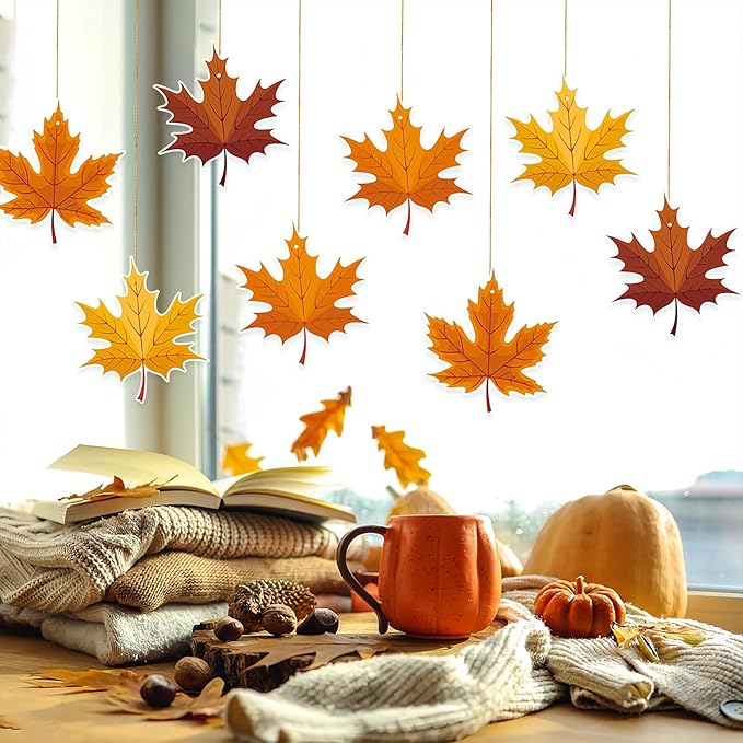 Fall Thanksgiving Hanging Swirls Decoration Big Maple Leaf Hanging Foil Swirls Ceiling Decor for Thanksgiving Party Supplies Autumn Harvest Ceiling Hanging 8Pcs