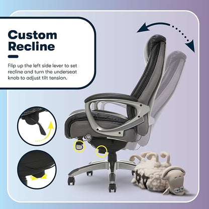 Serta Lautner Executive Home Office Desk Chair, Ergonomic High-Back with Adjustable Lumbar & Body Pillows, SmartLayers and ComfortCoils Technology, Mesh and Bonded Leather, Black/ Gray