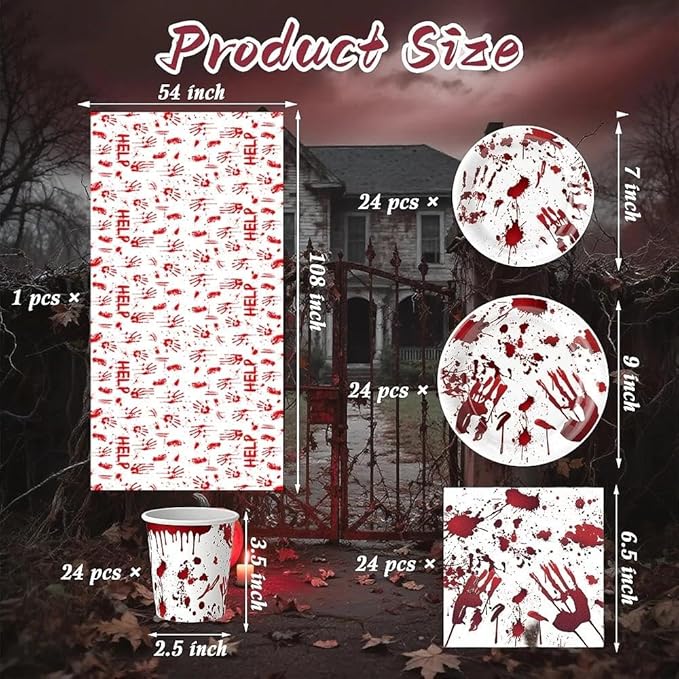 97PCS Scary Halloween Party Supplies Set Bloody Handprint Tableware Decorations Zombie Birthday Themed Party Haunted House Disposable Paper Plates,Cups and Tablecloth(24 Guest)