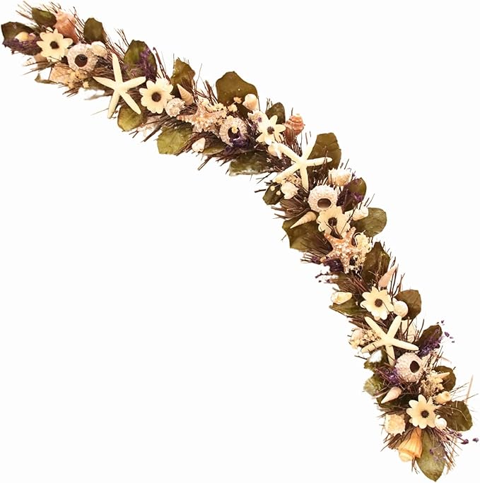 HOLIDAY TREE 5' Coastal Christmas Garland – Natural Shells, Purple Accents, Wood Twigs & Resin Starfish | Beach Christmas Decor & Handcrafted Coastal Holiday Garland
