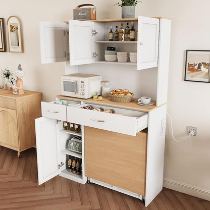 VOWNER 63” Folding Dining Table Set with 71” Tall Kitchen Pantry Storage Cabinet, with Large Drawers and Adjustable Shelves, Space Saving Wood Cupboard with Charging Station for Small Place, 4 Stools