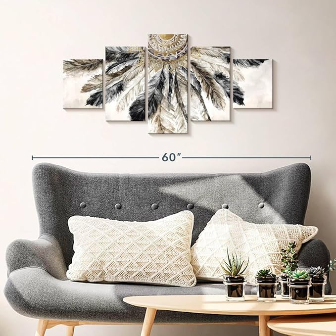 ElephantStock - Necklace Of Feathers Iii Wall Art - Horizontal Multi Panel Canvas - 5 Piece Living Room Wall Decor - Painting Multi Piece Wall Art - Brown And Gray Decor by Eva Watts - 42" x 19"