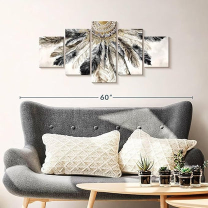 ElephantStock - Necklace Of Feathers Iii Wall Art - Horizontal Multi Panel Canvas - 5 Piece Living Room Wall Decor - Painting Multi Piece Wall Art - Brown And Gray Decor by Eva Watts - 42" x 19"