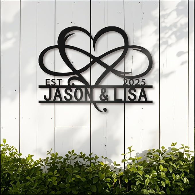 Custom Metal Infinity Heart Name Sign - Custom Sign Monogram with EST Date - Romantic Wedding, Anniversary, Engagement, Newlywed Gift - Rustic Metal Wall Art Decor, Bedroom, Home Decor