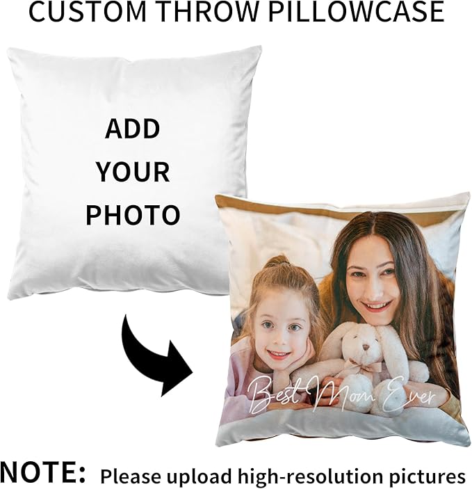 Easycosy Custom Pillow with Picture & Text, Two-Sides Velvet Customized Photo Pillowcase, 18"x18" Personalized Pillow Cover with Photo, Custom Gifts for Mother's Day (Optional Pillow Insert)
