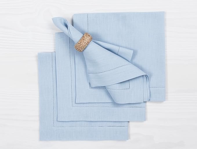 Solino Home Sky Blue Linen Napkins Set of 4-100% Pure Linen Hemstitch Dinner Napkins 20 x 20 Inch for Holiday, Christmas, New Year - Classic Hemstitch