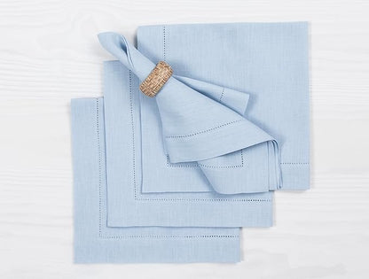 Solino Home Sky Blue Linen Napkins Set of 4-100% Pure Linen Hemstitch Dinner Napkins 20 x 20 Inch for Holiday, Christmas, New Year - Classic Hemstitch