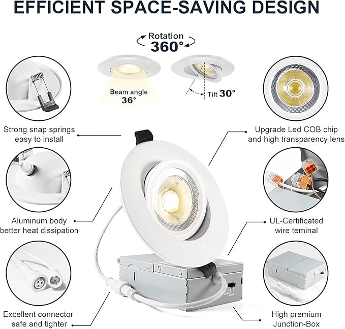 4 Inch Gimbal Led Recessed Light, 2700K/3000K/3500K/4000K/5000K Dimmable Retrofit Eyeball Can Light with Jbox 12W, Waterproof Recessed Lighting for shower, Recessed Ceiling LED Lights.(4 Pack) ﻿